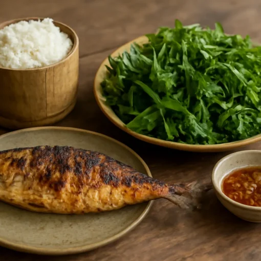 Mâm cơm với cá nướng, rau rừng và chén muối ớt