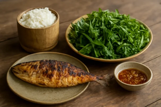 Mâm cơm với cá nướng, rau rừng và chén muối ớt