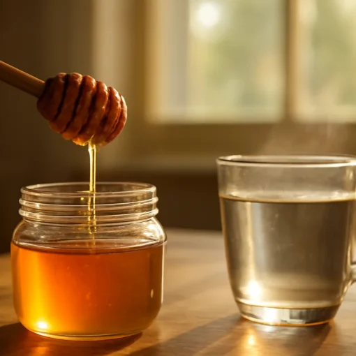 Thìa gỗ múc mật ong bên cạnh lọ thuỷ tinh và ly nước ấm