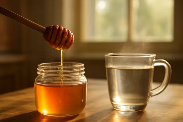 Thìa gỗ múc mật ong bên cạnh lọ thuỷ tinh và ly nước ấm