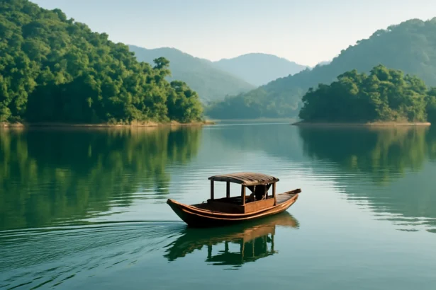 Thuyền nhỏ đi giữa các đảo xanh trên mặt hồ