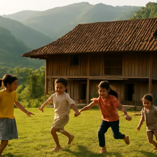 Trẻ em chạy trên bãi cỏ trước ngôi nhà nhìn ra đồi