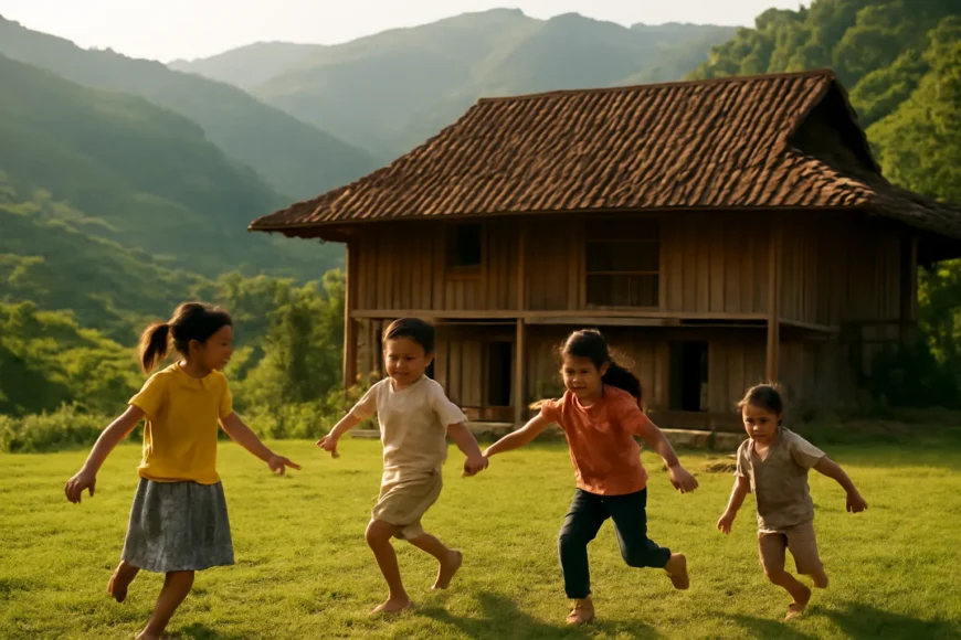 Trẻ em chạy trên bãi cỏ trước ngôi nhà nhìn ra đồi