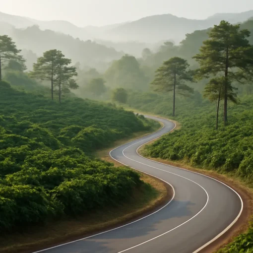 Đường đèo uốn lượn qua đồi cà phê buổi sáng