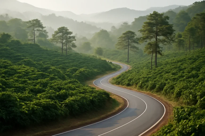 Đường đèo uốn lượn qua đồi cà phê buổi sáng