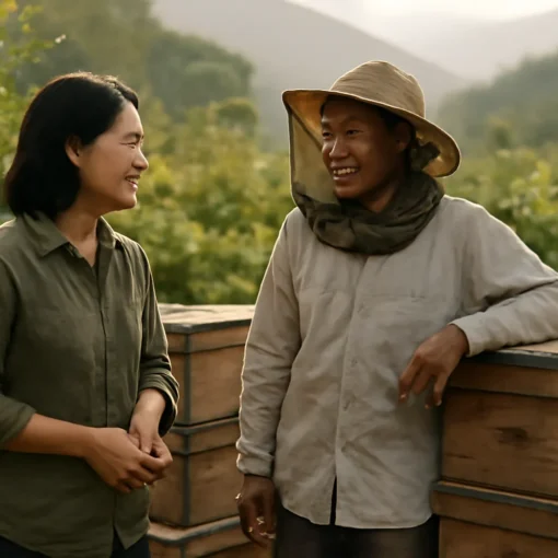 Người mua trò chuyện với chủ vườn bên cạnh thùng ong
