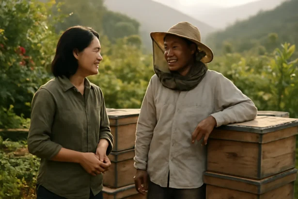 Người mua trò chuyện với chủ vườn bên cạnh thùng ong