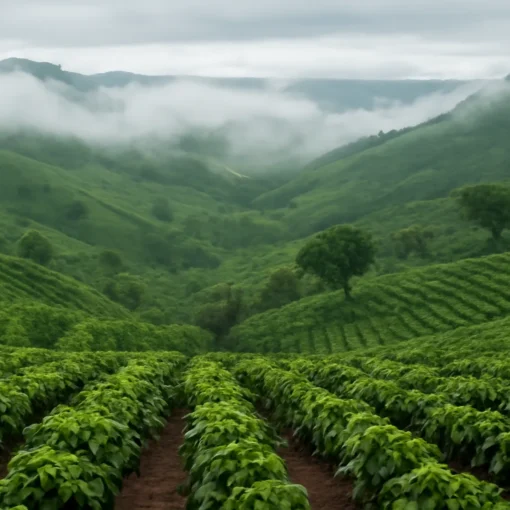 Vườn cà phê xanh với những đám mây thấp trên đồi
