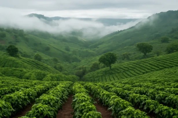 Vườn cà phê xanh với những đám mây thấp trên đồi