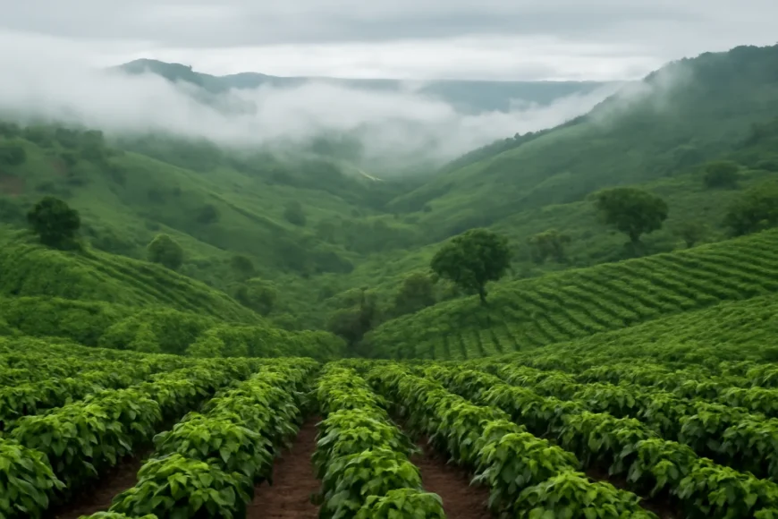 Vườn cà phê xanh với những đám mây thấp trên đồi