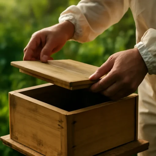 Người nuôi ong đang mở nắp thùng ong dú trong vườn