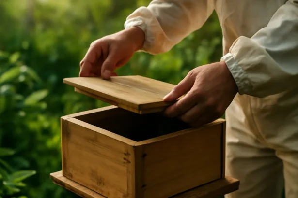 Người nuôi ong đang mở nắp thùng ong dú trong vườn
